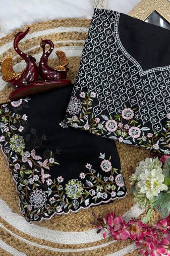 black multicolored embroidery sequin work rangoli silk blend saree