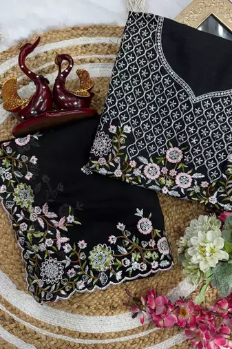 black multicolored embroidery sequin work rangoli silk blend saree