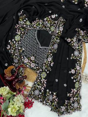 black multicolored embroidery sequin work rangoli silk blend saree 2
