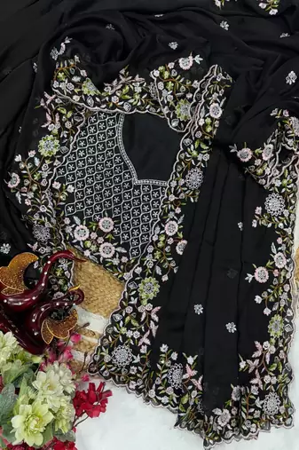 black multicolored embroidery sequin work rangoli silk blend saree