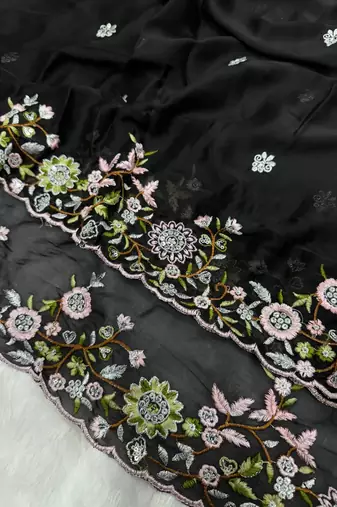 black multicolored embroidery sequin work rangoli silk blend saree