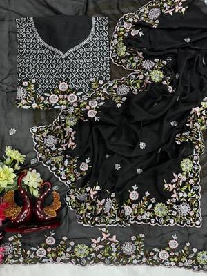 black multicolored embroidery sequin work rangoli silk blend saree 4
