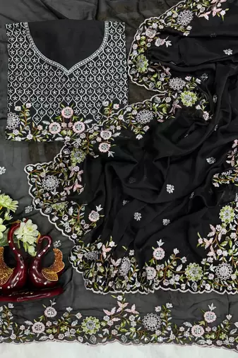 black multicolored embroidery sequin work rangoli silk blend saree