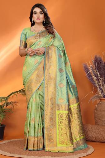 Light green silk blend copper zari butta weaving banarasi saree with zari border