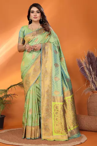 Light green silk blend copper zari butta weaving banarasi saree with zari border