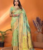 Light green silk blend copper zari butta weaving banarasi saree with zari border