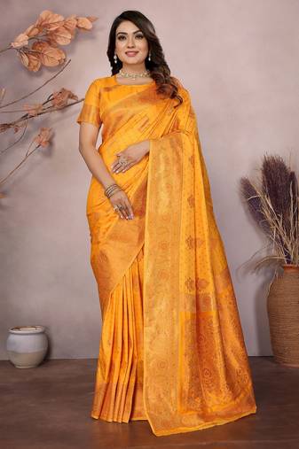 Orange silk blend copper zari butta weaving banarasi saree with zari border