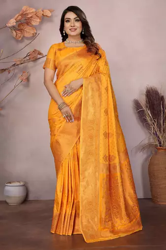 Orange silk blend copper zari butta weaving banarasi saree with zari border