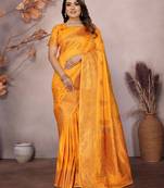 Orange silk blend copper zari butta weaving banarasi saree with zari border