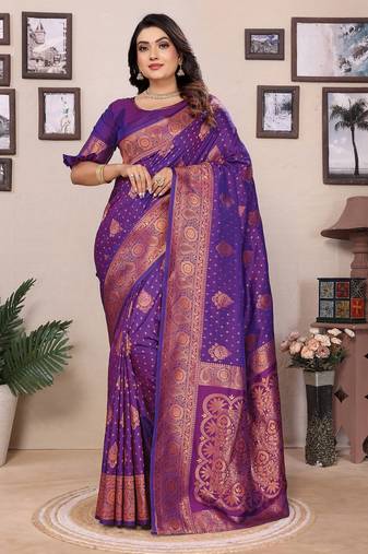 Purple silk blend copper zari butta weaving banarasi saree with zari border
