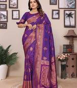 Purple silk blend copper zari butta weaving banarasi saree with zari border
