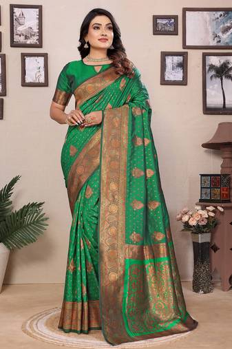 Green silk blend copper zari butta weaving banarasi saree with zari border