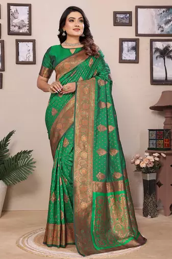 Green silk blend copper zari butta weaving banarasi saree with zari border