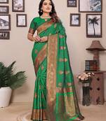 Green silk blend copper zari butta weaving banarasi saree with zari border