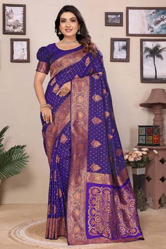 Navy blue silk blend copper zari butta weaving banarasi saree with zari border