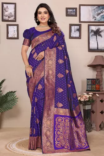 Navy blue silk blend copper zari butta weaving banarasi saree with zari border