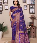 Navy blue silk blend copper zari butta weaving banarasi saree with zari border