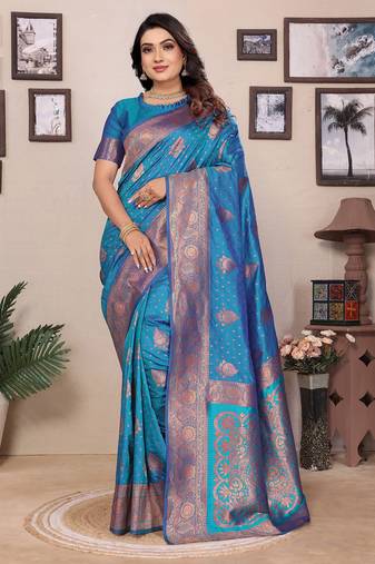 Royal blue silk blend copper zari butta weaving banarasi saree with zari border