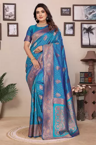 Royal blue silk blend copper zari butta weaving banarasi saree with zari border