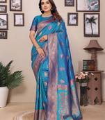 Royal blue silk blend copper zari butta weaving banarasi saree with zari border
