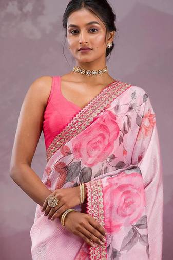 light pink printed sequins embroidered lace work chinon silk saree
