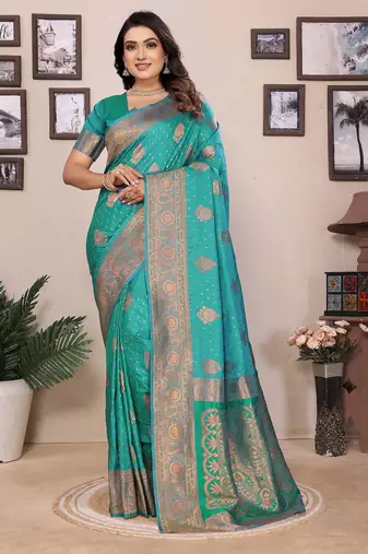 Light green silk blend copper zari butta weaving banarasi saree with zari border
