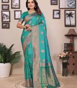 Light green silk blend copper zari butta weaving banarasi saree with zari border