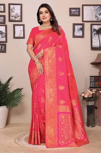 Pink silk blend copper zari butta weaving banarasi saree with zari border