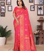 Pink silk blend copper zari butta weaving banarasi saree with zari border