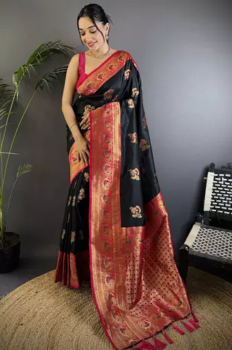Black silk blend floral butta zari weaving banarasi with peacock zari weaving border