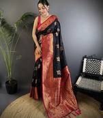 Black silk blend floral butta zari weaving banarasi with peacock zari weaving border