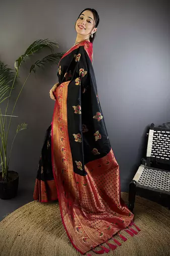 Black silk blend floral butta zari weaving banarasi with peacock zari weaving border