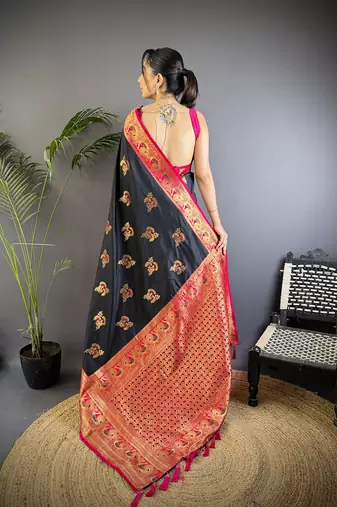 Black silk blend floral butta zari weaving banarasi with peacock zari weaving border