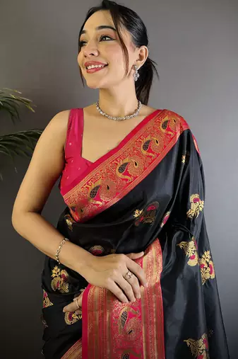 Black silk blend floral butta zari weaving banarasi with peacock zari weaving border