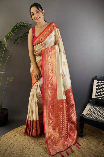White silk blend floral butta zari weaving banarasi with peacock zari weaving border