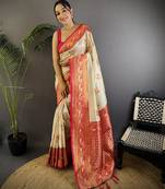 White silk blend floral butta zari weaving banarasi with peacock zari weaving border