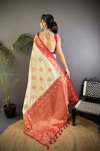 White silk blend floral butta zari weaving banarasi with peacock zari weaving border