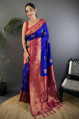 Royal  blue silk blend floral butta zari weaving banarasi with peacock zari weaving border