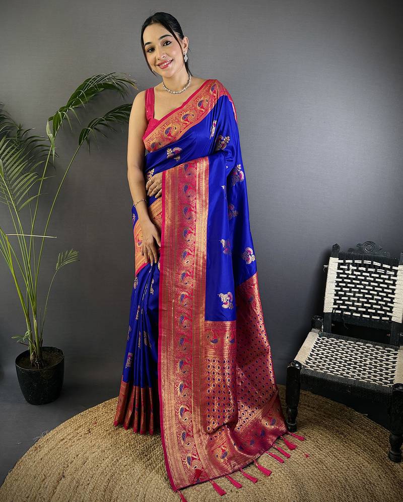 Royal  blue silk blend floral butta zari weaving banarasi with peacock zari weaving border