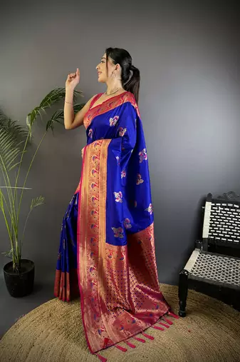 Royal  blue silk blend floral butta zari weaving banarasi with peacock zari weaving border