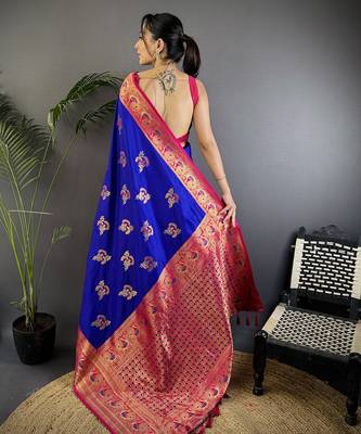 Royal  blue silk blend floral butta zari weaving banarasi with peacock zari weaving border 3