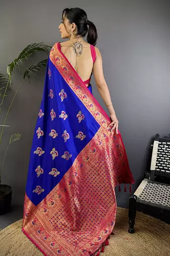 Royal  blue silk blend floral butta zari weaving banarasi with peacock zari weaving border