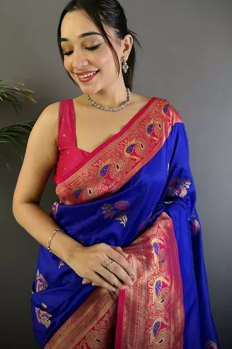 Royal  blue silk blend floral butta zari weaving banarasi with peacock zari weaving border