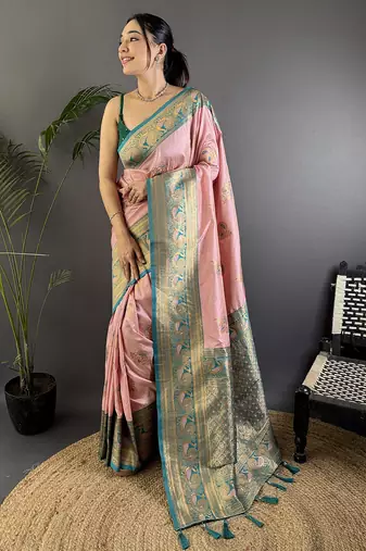Baby pink silk blend floral butta zari weaving banarasi with peacock zari weaving border