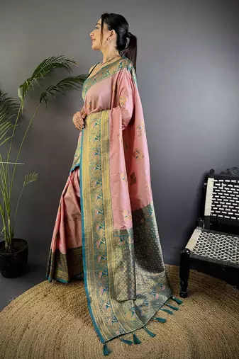 Baby pink silk blend floral butta zari weaving banarasi with peacock zari weaving border