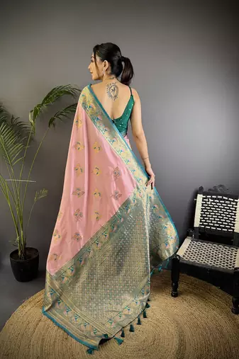 Baby pink silk blend floral butta zari weaving banarasi with peacock zari weaving border