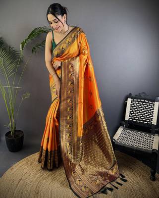 Orange silk blend floral butta zari weaving banarasi with peacock zari weaving border 1