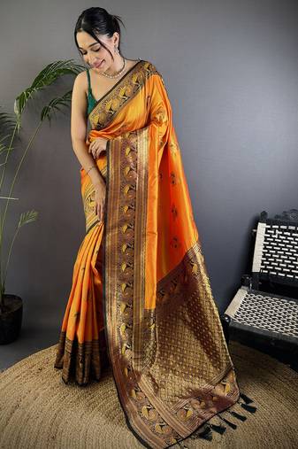 Orange silk blend floral butta zari weaving banarasi with peacock zari weaving border