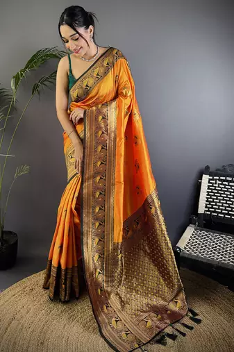 Orange silk blend floral butta zari weaving banarasi with peacock zari weaving border