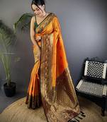 Orange silk blend floral butta zari weaving banarasi with peacock zari weaving border
